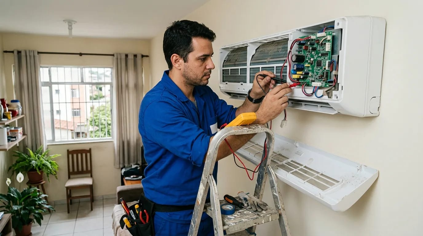 Eletricista ligando a placa do ar-condicionado split em Belo Horizonte‑MG
